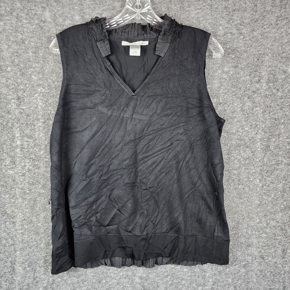 Peter Nygard Knit Shell Women L Black Silk Rayon Blend Lace Trim Pleated V-Neck